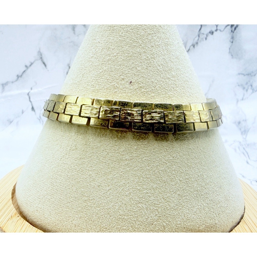 Vintage Sharp Gold Tone Brick Link Bracelet Textured Watchband 7.25 Inch